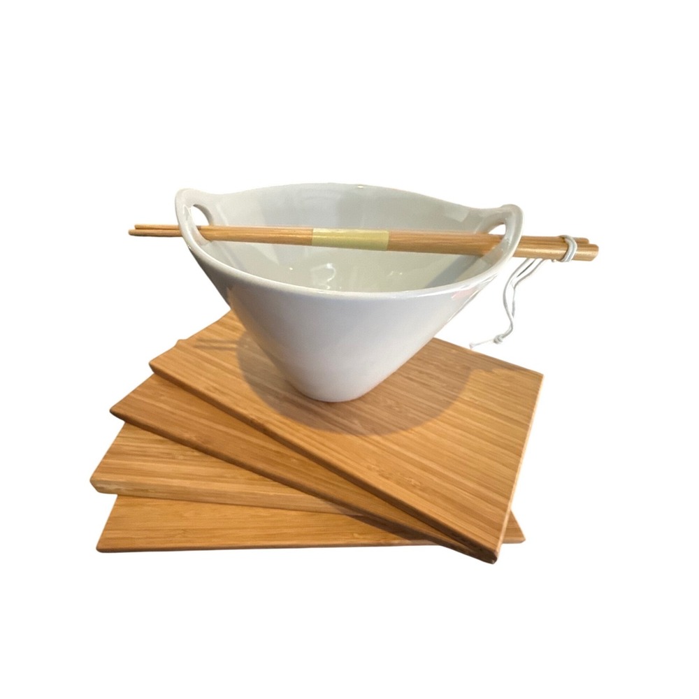 Crate & Barrel Kai Noodle Bowl White Porcelain IKEA Bamboo Boards Chopsticks Set